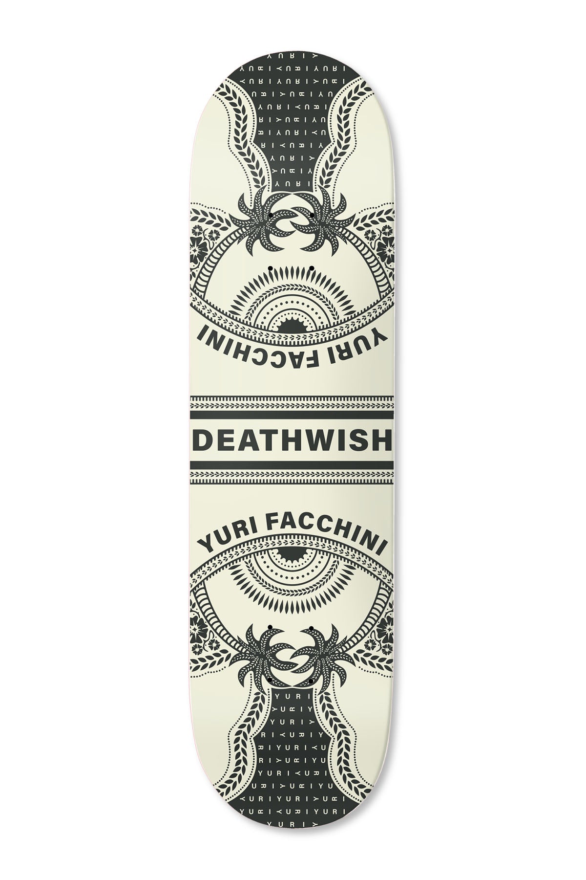 Deathwish Yuri Zaza 8.5 skateboard deck: Symmetrical design with two ornate eyes flanked by wheat and palm motifs, a central Deathwish banner, and Yuri Facchini lettering mirrored top and bottom, on cream with black end panels.