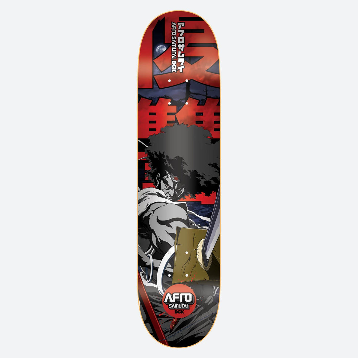 DGK Afro skateboard deck: Anime-style Afro Samurai illustration of the afro-haired swordsman gripping a katana, set against red Japanese characters and a night sky with a moon. An Afro Samurai DGK badge sits near the tail.