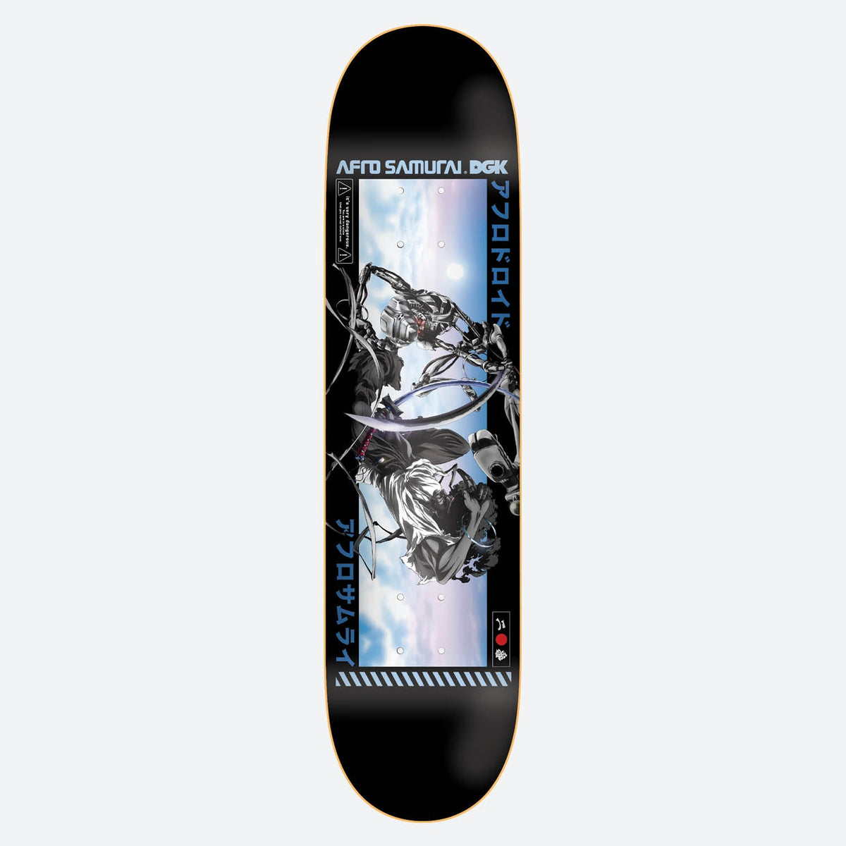 DGK Afro vs. Afro Droid skateboard deck: Anime-style panel of Afro Samurai clashing blades with a robotic Afro Droid against a pale cloudy sky, framed in black with blue Japanese characters. Afro Samurai and DGK are printed at the top.