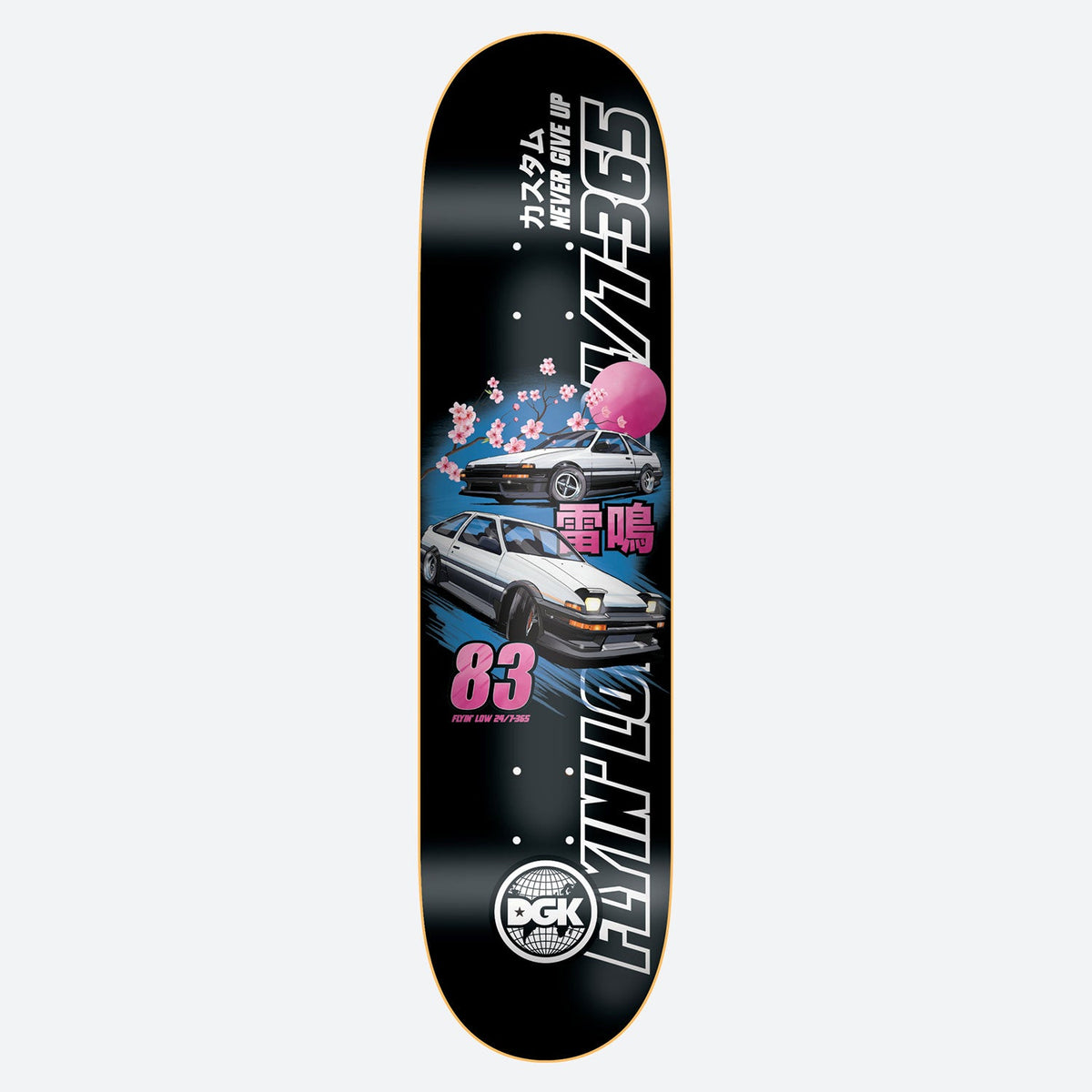 DGK Akina Pass 8.1 skateboard deck: A black deck with a Japanese street-racing theme: two white hatchback cars, a cherry blossom branch and a pink sun, with large outlined lettering, Japanese characters and a DGK globe logo.