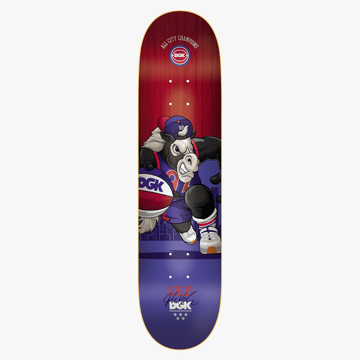 DGK All City Champions Kalis 8.06 skateboard deck: A cartoon bull mascot in a cap and basketball kit dribbles a red, white and blue ball past a city skyline. The ground fades from red to purple, with a small crest at the top.