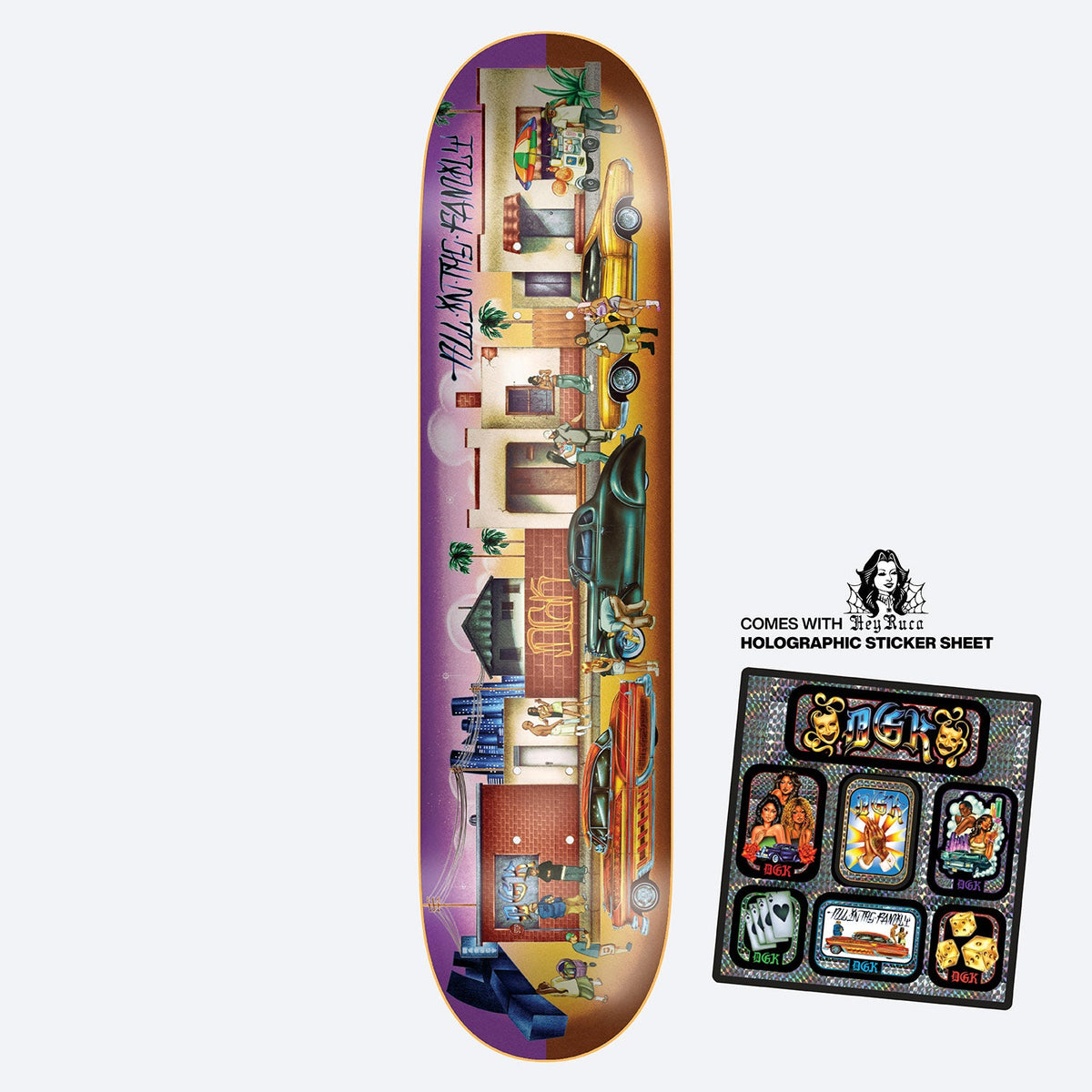 DGK x Hey Ruca All in the Family 8.1 skateboard deck: A painted street scene of lowriders parked outside shopfronts with palm trees, figures and a food truck, with All in the Family graffiti-style lettering at the top. Purple to brown background. Photo includes a holographic sticker sheet.