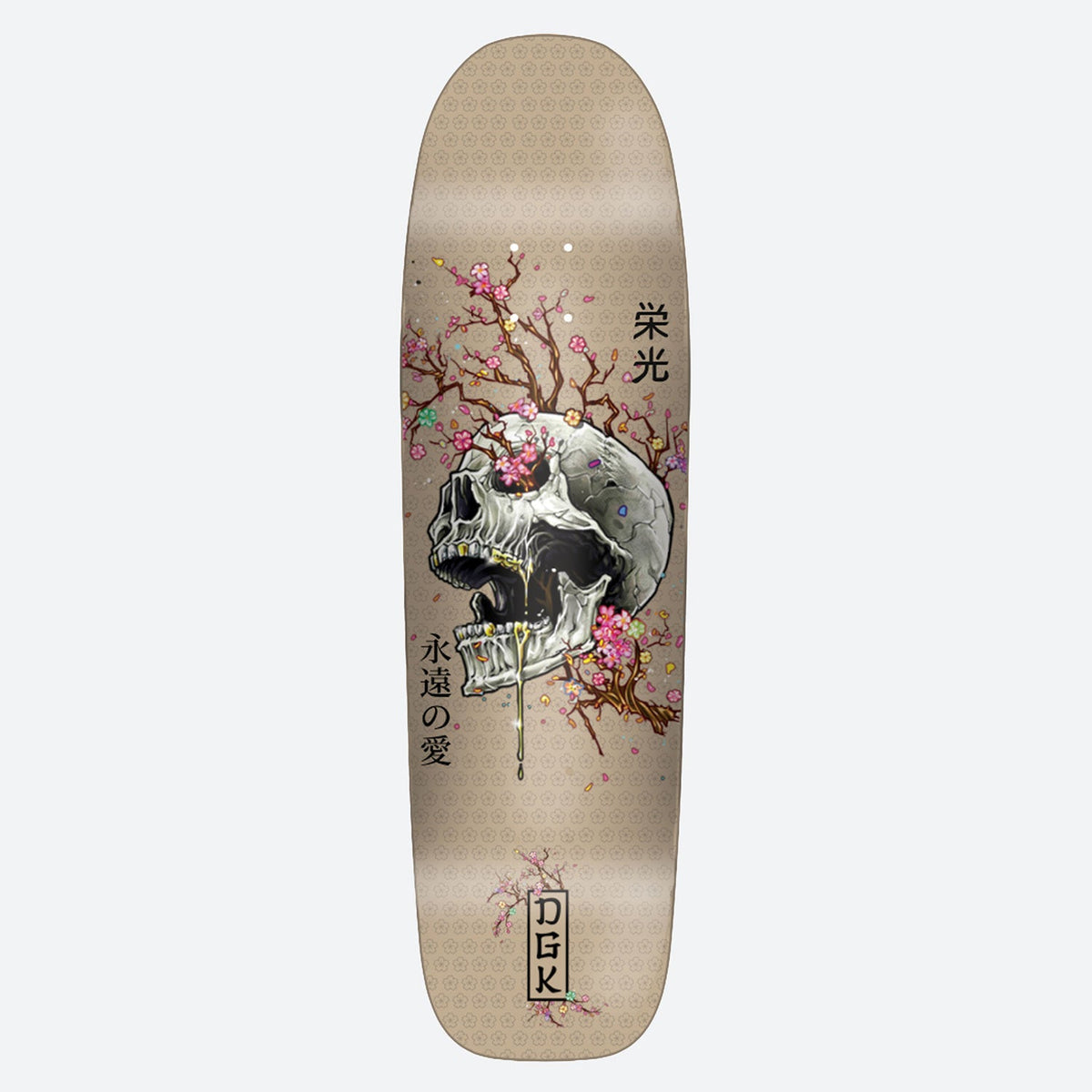 DGK Ancestry 8.75 skateboard deck: A cracked white skull with gold teeth is wreathed in pink cherry blossom branches on a tan shaped deck with a faint floral pattern, with Japanese characters beside it and a boxed DGK logo at the tail.