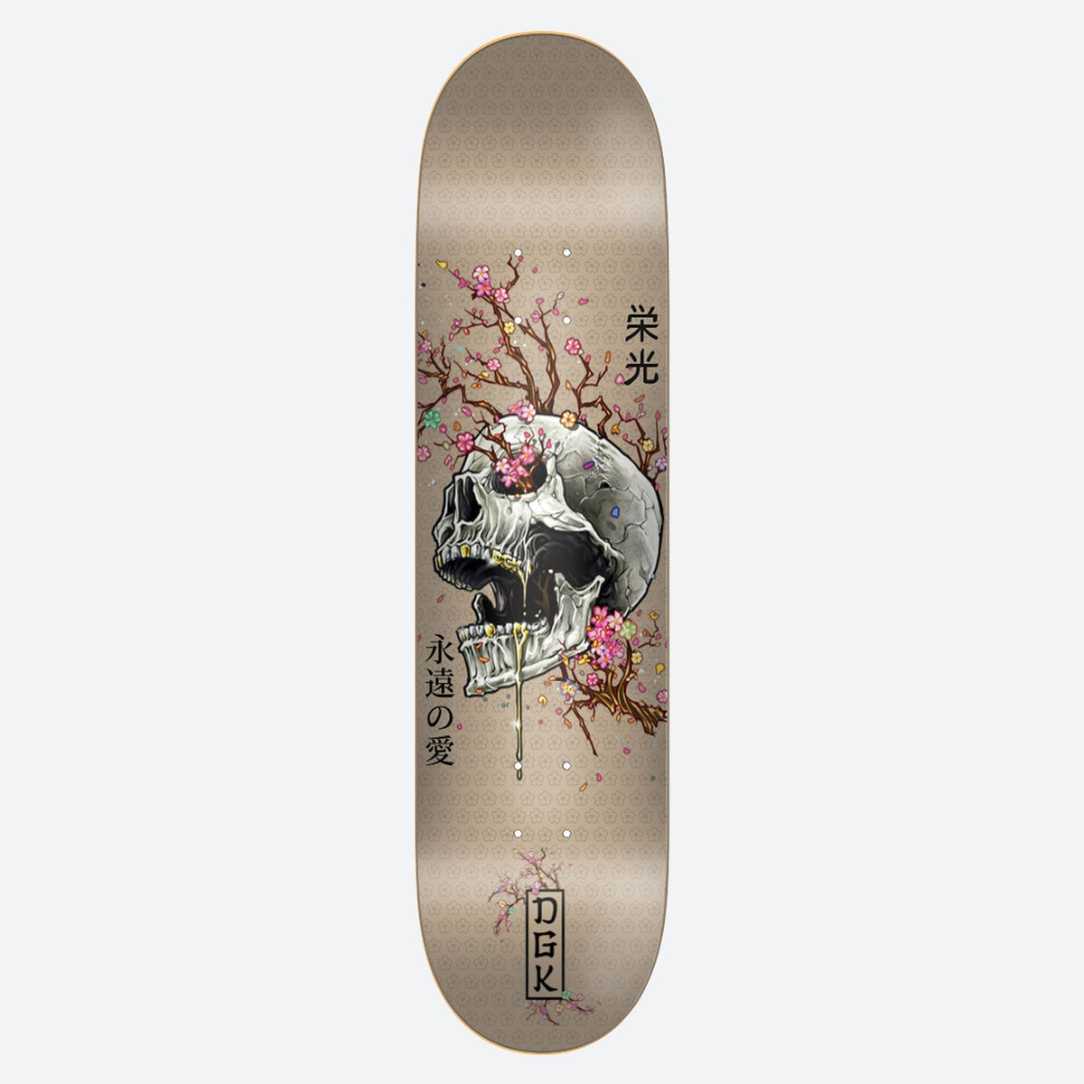DGK Ancestry 8.25 skateboard deck: A cracked white skull with gold teeth is wreathed in pink cherry blossom branches on a tan deck with a faint floral pattern, with Japanese characters beside it and a boxed DGK logo at the tail.