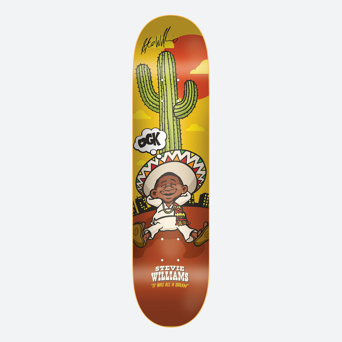 DGK Autographed Dreamer Stevie 8.06 skateboard deck: Cartoon of a smiling boy in a sombrero and white clothes reclining against a tall saguaro cactus, with a DGK thought bubble, a desert sunset and city silhouette behind. Signature at the top and name plate at the bottom.