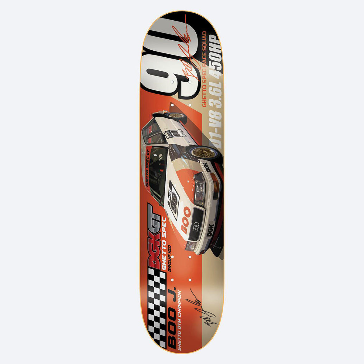 DGK Autographed Ghetto GT Boo 7.9 skateboard deck: Motorsport-style layout with a white and orange DGK-liveried rally car angled across the deck, a large number 90, chequered flag strip and racing spec text. Signature printed in orange at top and bottom.