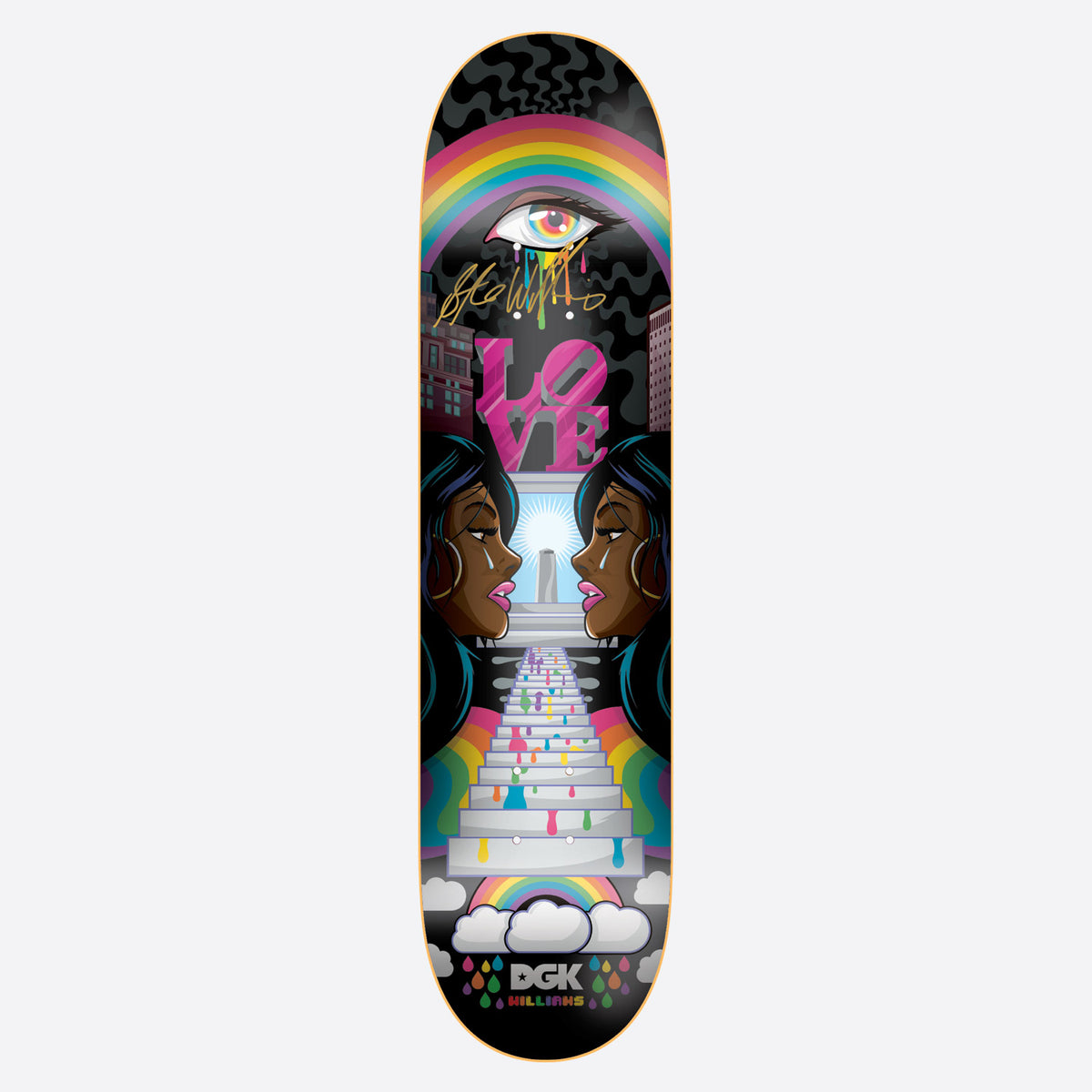 DGK Autographed Ghetto Psych Stevie 8.06 skateboard deck: Black deck with a psychedelic scene of two crying women in profile facing each other across a staircase of dripping rainbow colours. A rainbow, a weeping eye and pink LOVE letters sit above, with a gold signature.