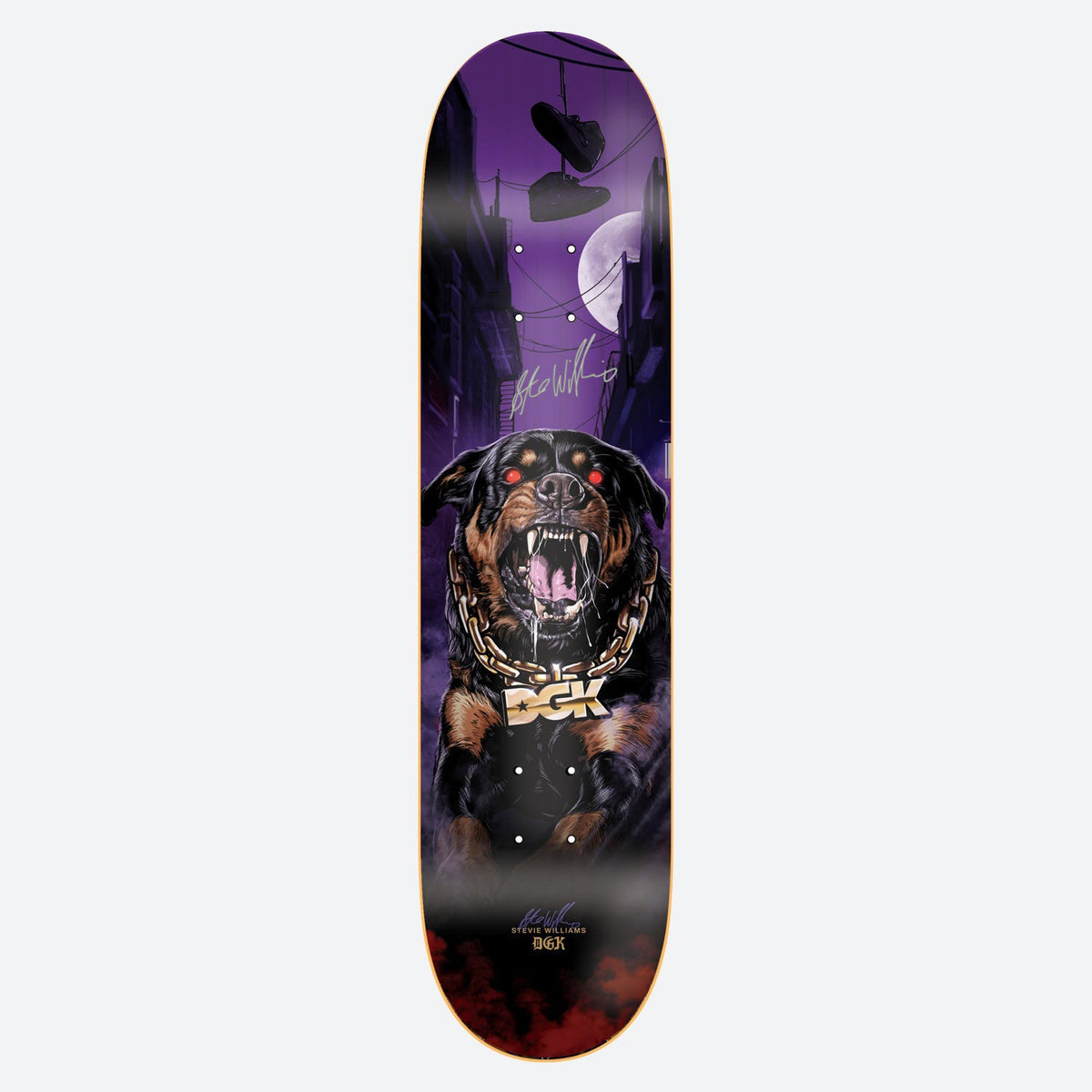 DGK Autographed Guard Stevie 8.25 skateboard deck: A snarling rottweiler with glowing red eyes wearing a gold DGK chain, in a moonlit purple city alley with trainers hanging from power lines. A silver signature appears at the top and Stevie Williams and DGK at the tail.