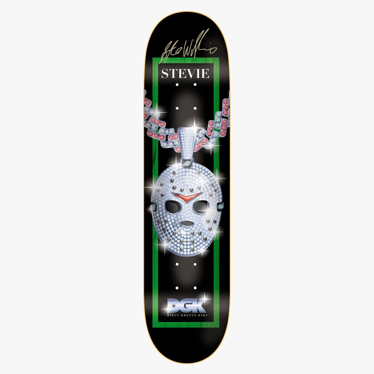 DGK Autographed Iced Stevie 8.1 skateboard deck: Jewelled hockey-mask pendant on a diamond-studded chain, sparkling, framed by a green border on black. Gold signature at the top, STEVIE name panel, and DGK logo at the bottom.