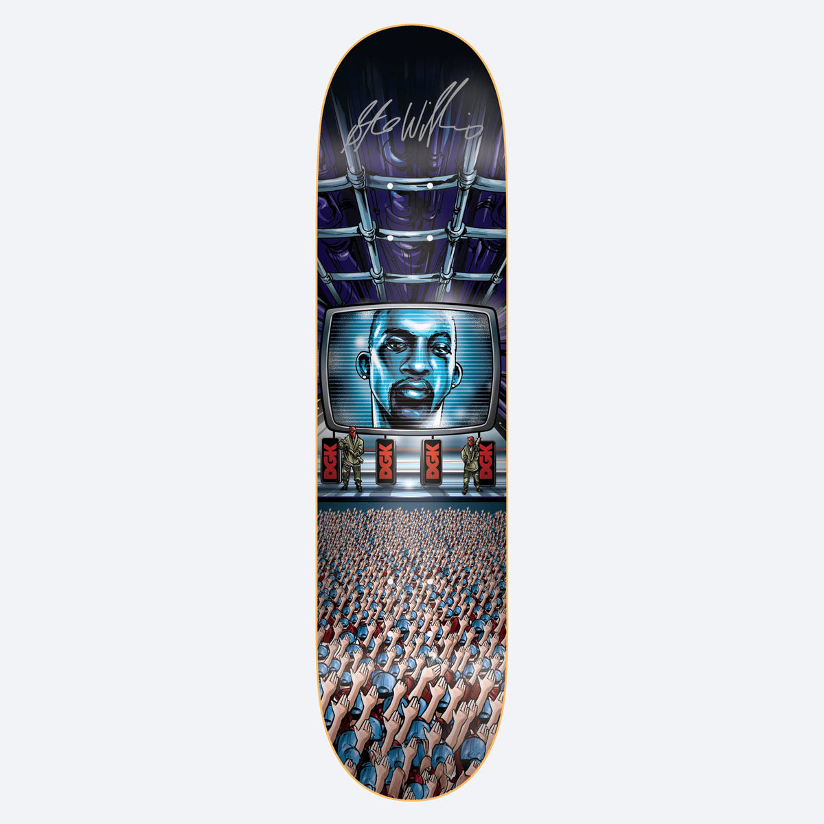 DGK Autographed New World Order Stevie 8.25 skateboard deck: Dystopian scene of a blue-tinted man's face on a large screen above guards and DGK banners, with a crowd of raised hands below, all under metal pipes. Stevie Williams signature at the nose.