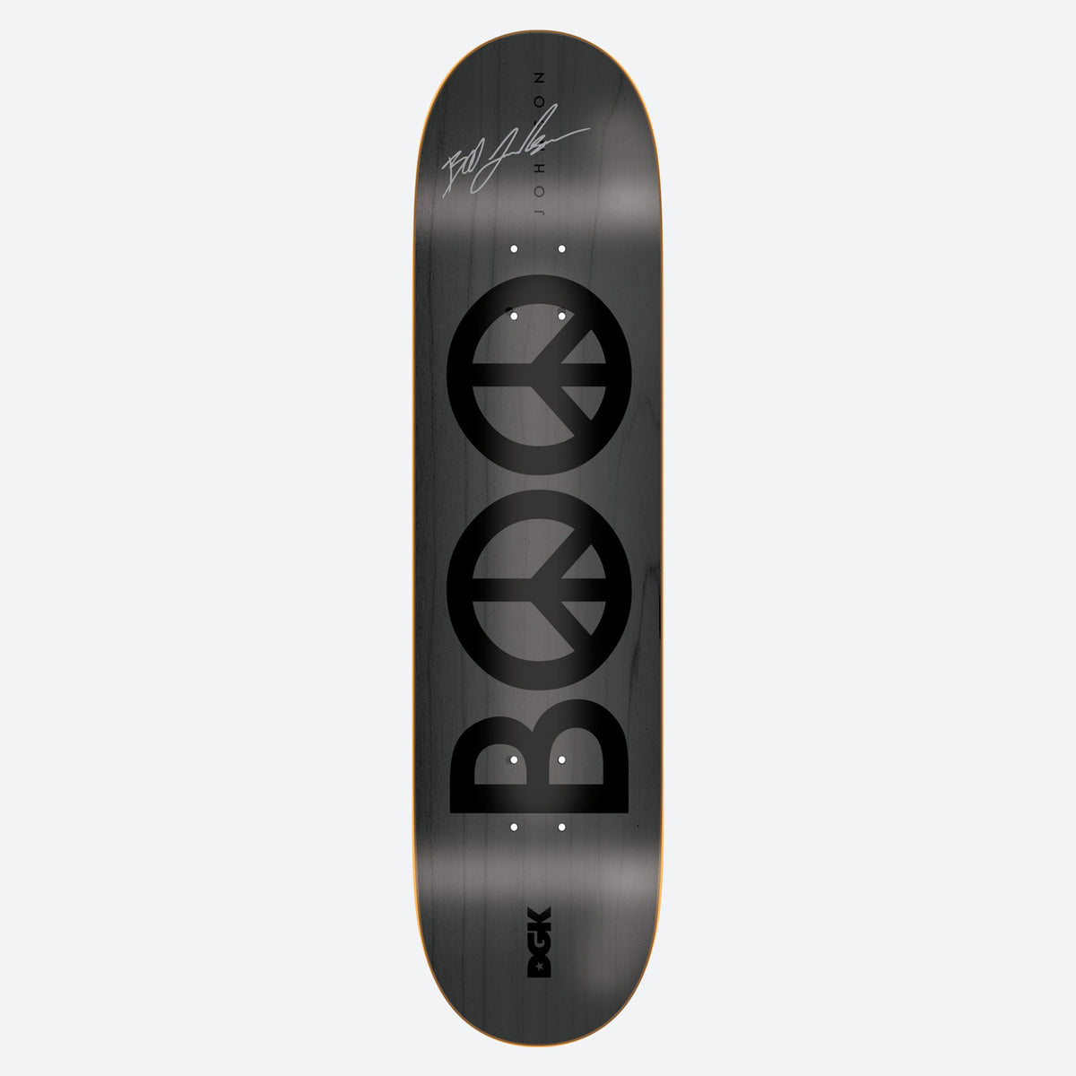 DGK Autographed Peace Boo 8.25 skateboard deck: Dark grey stained deck with a large black 'Boo' wordmark whose two O letters are peace symbols, plus a printed signature and surname at the top and the DGK logo at the tail.