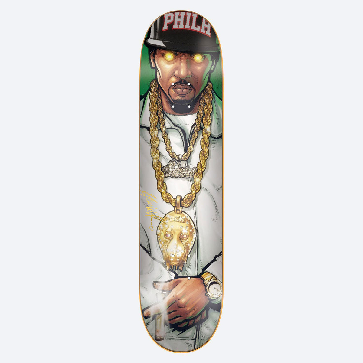 DGK Autographed Possesed Williams 8.1 skateboard deck: Realistic illustrated man in a Phila cap and white tracksuit, with glowing yellow eyes, heavy gold chains and a large gold animal-head pendant, holding a cigar. Gold signature on the left.