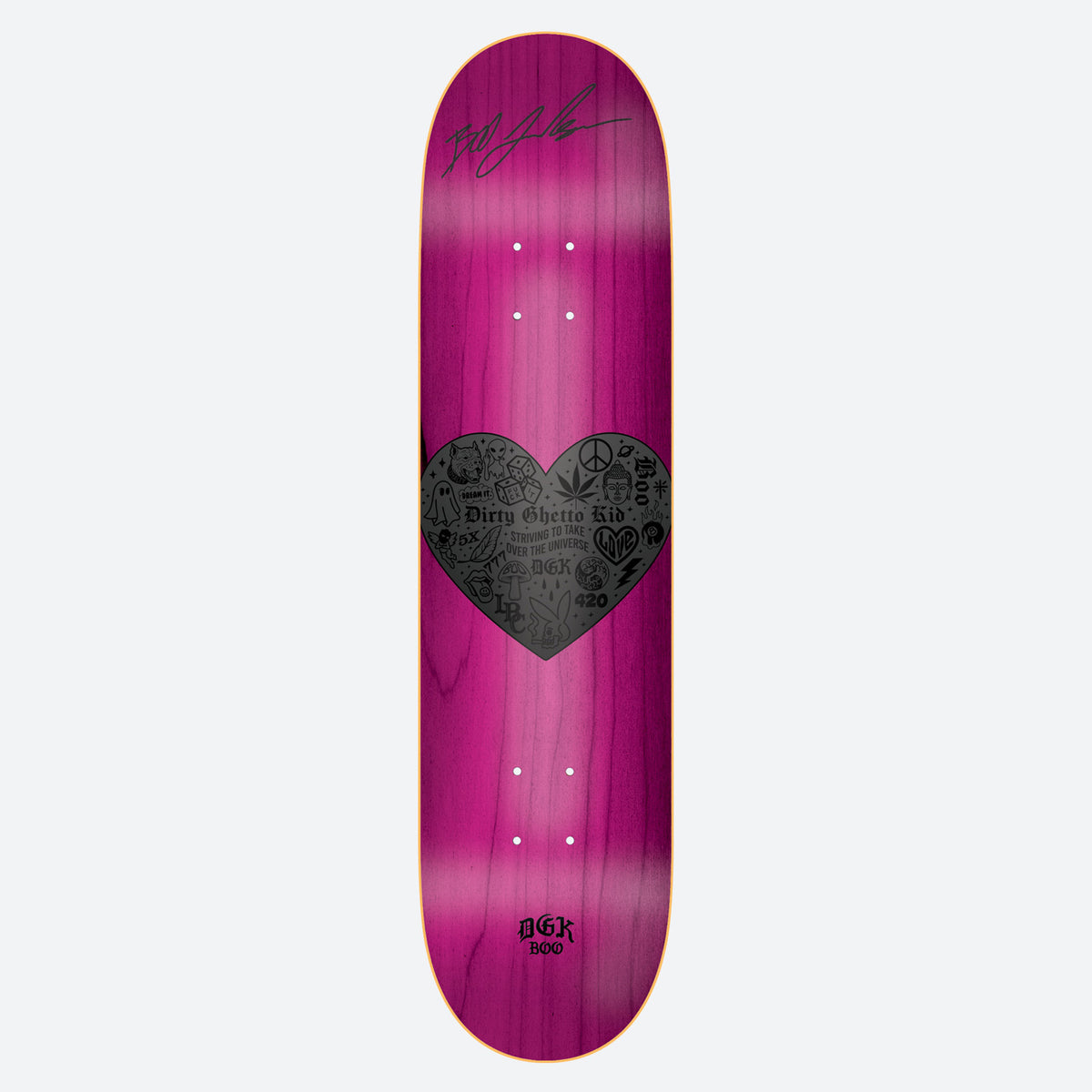 DGK Autographed Feels Boo 8.25 skateboard deck: Black heart filled with small tonal icons including dice, peace sign, ghost, leaf and 420, with 'Dirty Ghetto Kid' text inside, on a pink stained wood veneer. Signature printed near the nose and DGK Boo logo at the tail.