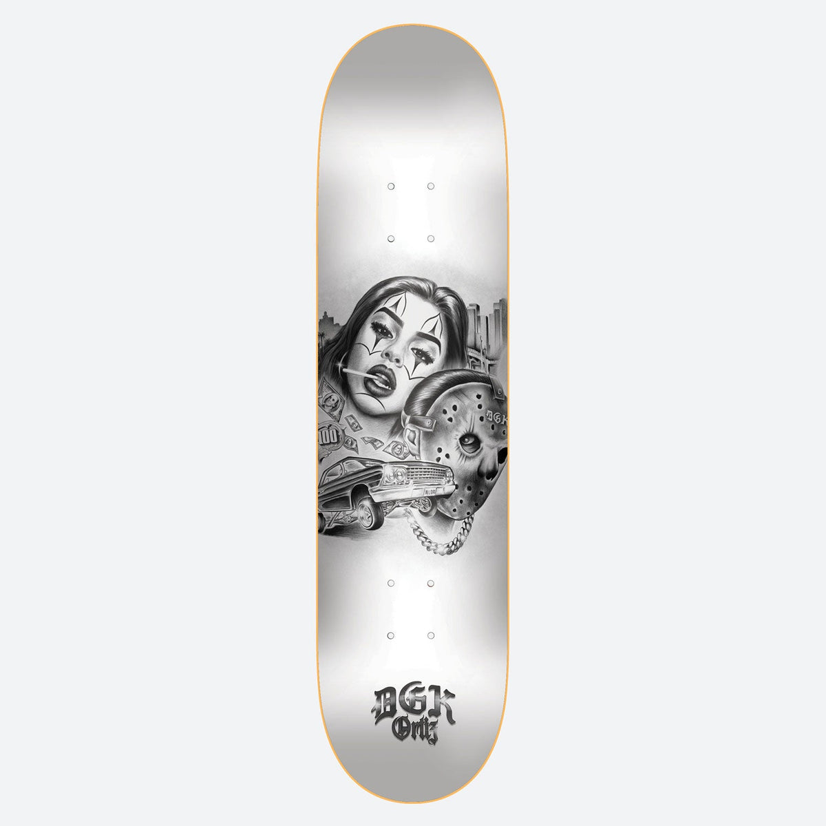 DGK Avenue Ortiz 8.38 skateboard deck: A black-and-white airbrush-style illustration on a silver-white deck: a woman with clown face paint and a cigarette, cash notes, a lowrider car, a city skyline and a hockey mask with a chain. DGK Ortiz logo in gothic lettering.