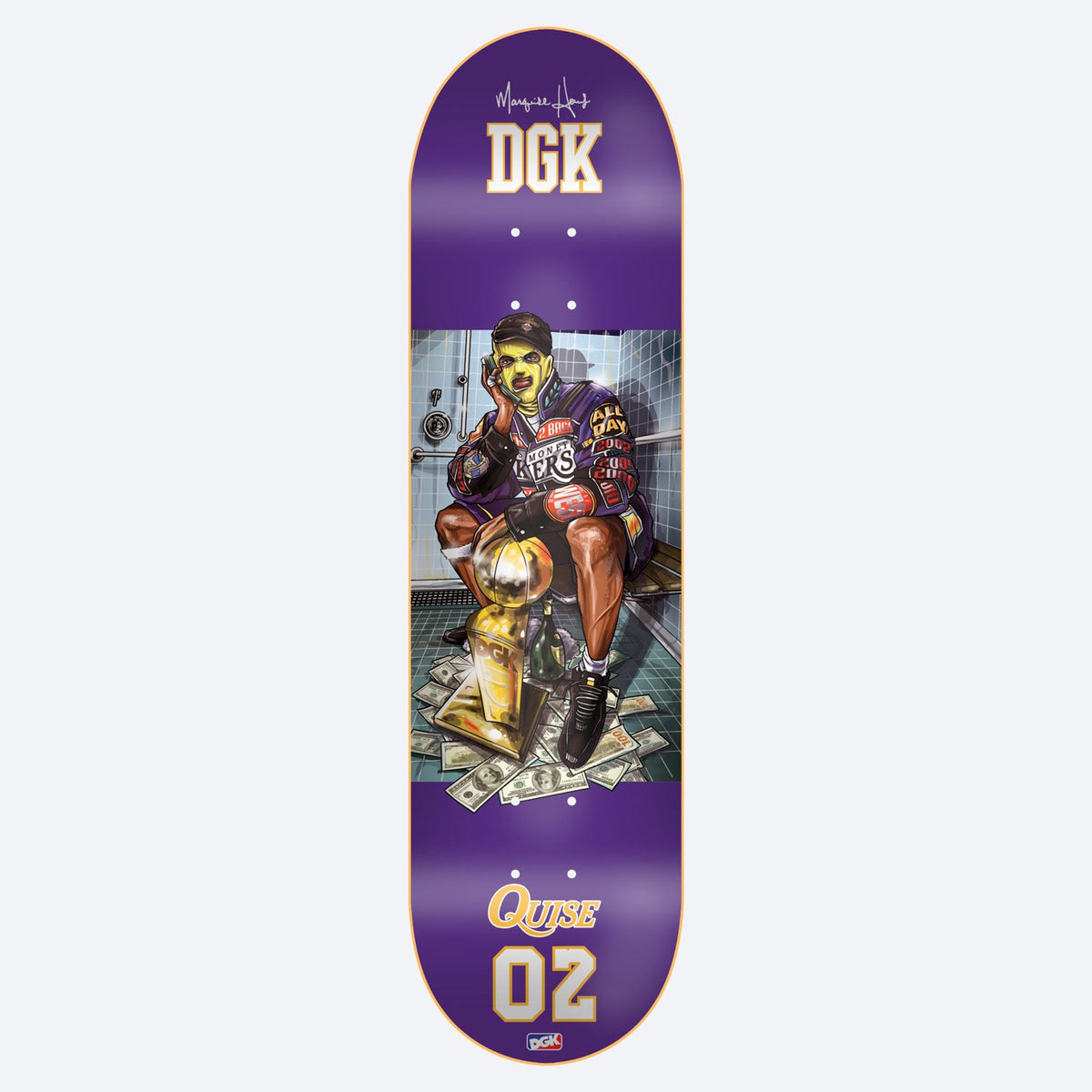 DGK Back to Back Quise 8.25 skateboard deck: An illustrated man in a purple basketball-style jacket and a green mask sits on a toilet in a tiled room, with a gold trophy and scattered banknotes at his feet. The DGK logo is at the top, with a Quise 02 jersey-style number below.