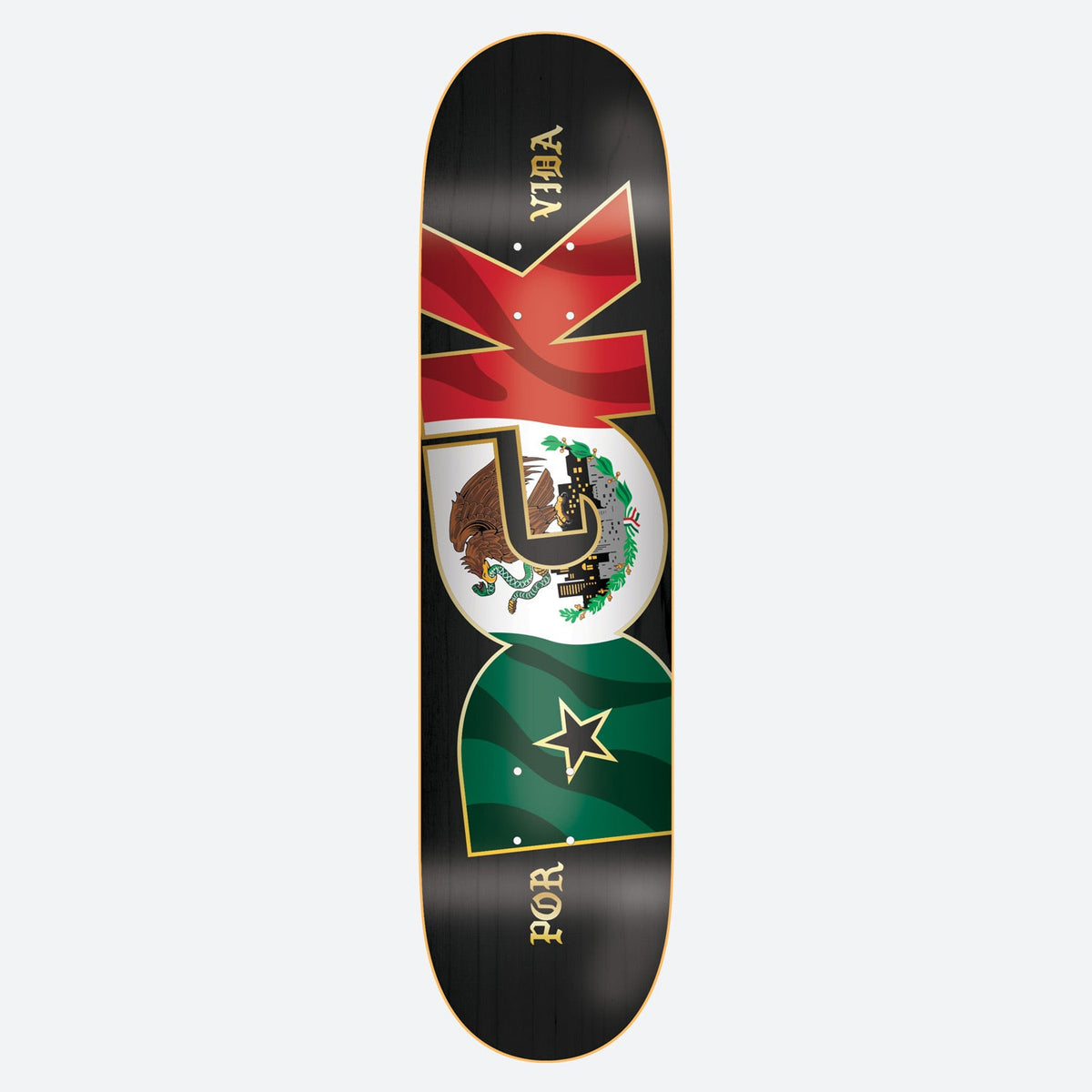 DGK Bandera 8.5 skateboard deck: Large DGK letters filled with the Mexican flag: a red K, a white G with the eagle and snake emblem, and a green D with a star. Gold gothic Por Vida text sits on a black deck.