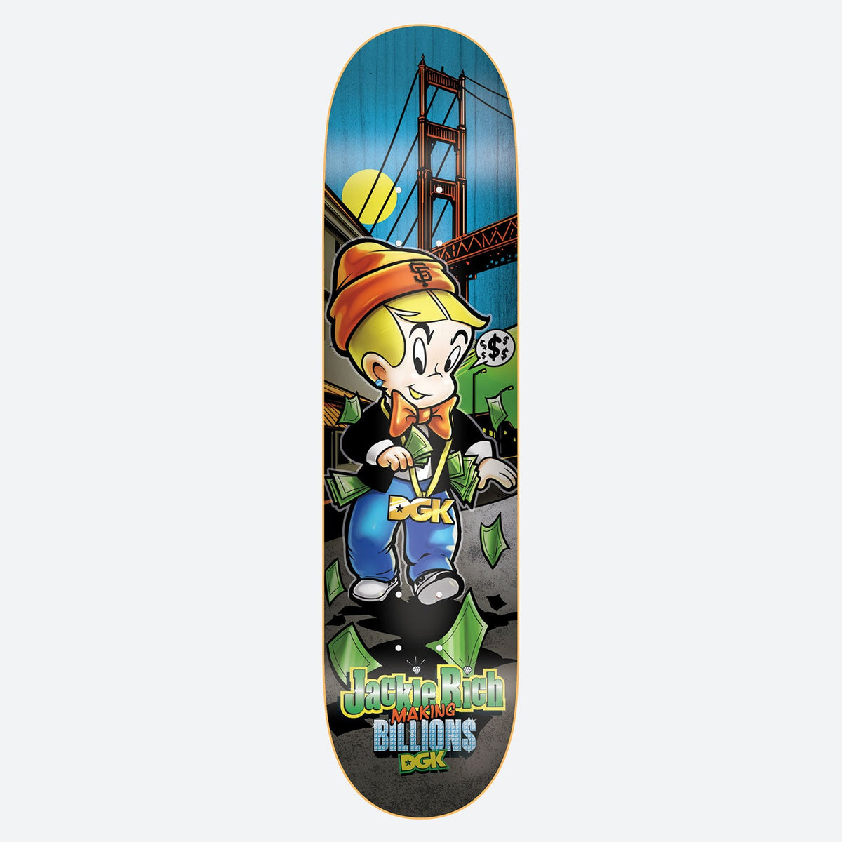 DGK Billions Curtin 8.38 skateboard deck: Cartoon rich-kid character in an orange beanie and bow tie, with a DGK chain, scattering banknotes in front of the Golden Gate Bridge. Graffiti-style lettering at the tail on a blue-tinted deck.