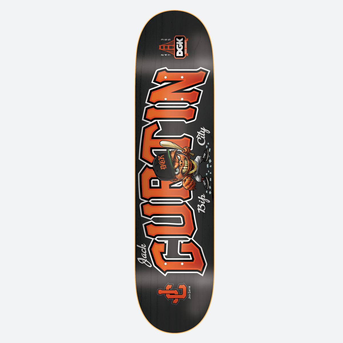 DGK Bip City Jack Curtin skateboard deck: Large orange and white outlined collegiate-style 'CURTIN' lettering on black, with a grinning cartoon baseball player swinging a bat. A Golden Gate-style bridge and DGK logo sit at the top, a JC monogram at the bottom.