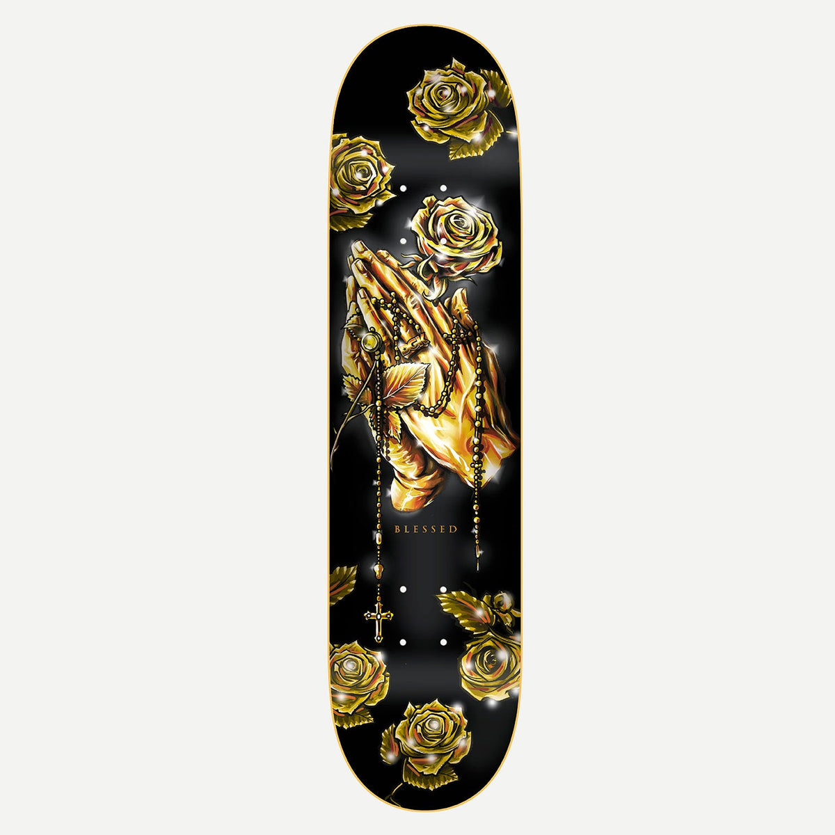 DGK Blessed Black Gold 8.06 skateboard deck: Gold praying hands wrapped in a rosary with a cross, surrounded by gold roses and sparkles on a black deck, rendered in realistic airbrush style.