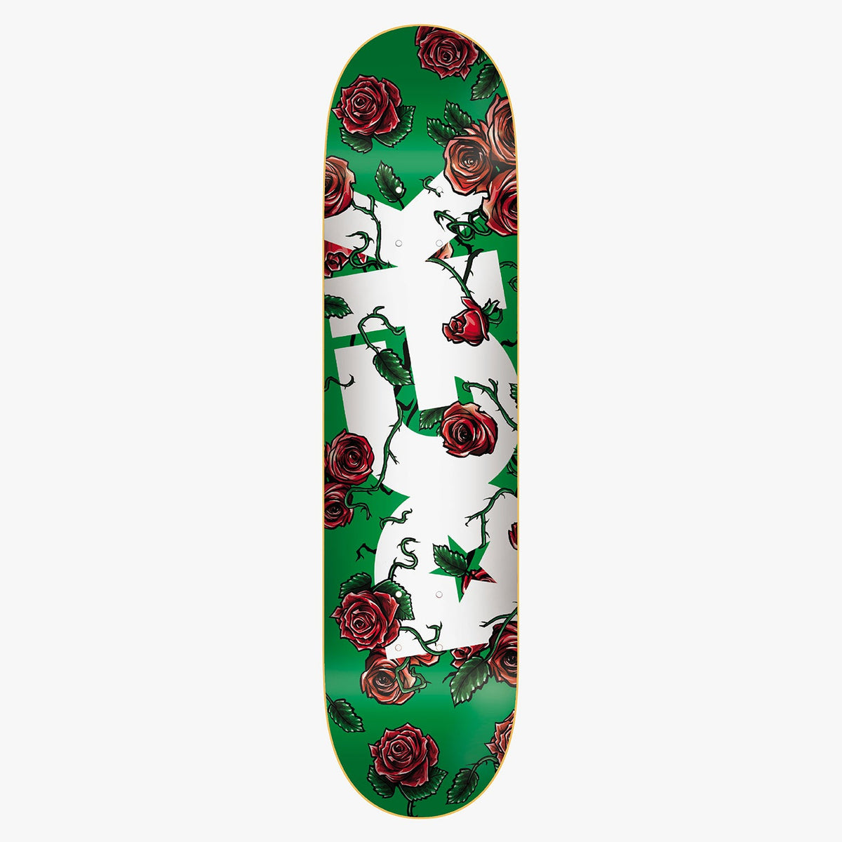 DGK Bloom Green 7.9 skateboard deck: A large white DGK logo covered with red roses and thorny vines, with a star, on a green deck.