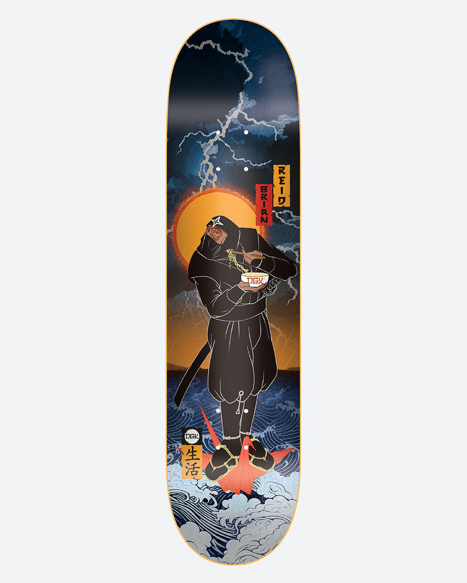 DGK Bowls Reid skateboard deck: A black-clad ninja eating a bowl of noodles with chopsticks, standing on stormy waves under lightning and a huge orange sun, in Japanese woodblock style, with name and kanji labels.
