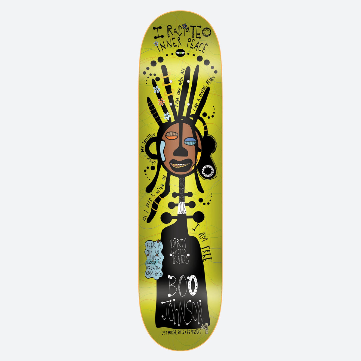 DGK Breezy x Boo skateboard deck: A folk-art style figure with a brown mask-like face, long black dreadlocks and a black bell-shaped body on a lime yellow deck, surrounded by hand-lettered affirmations such as 'I radiate inner peace' and 'I am free'. Boo Johnson is named near the tail.