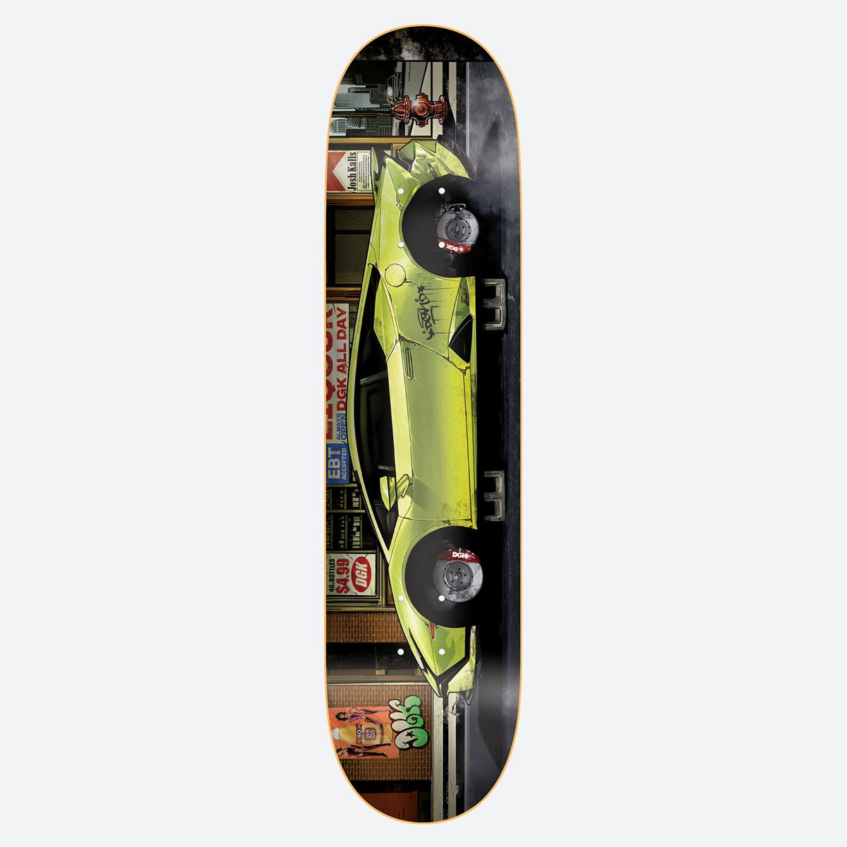 DGK Bricked Kalis 8.06 skateboard deck: A lime-green supercar seen side-on in a city street, its wheels replaced by brake discs, beside shop signs, a fire hydrant and graffiti. Signs include DGK All Day and a liquor store.