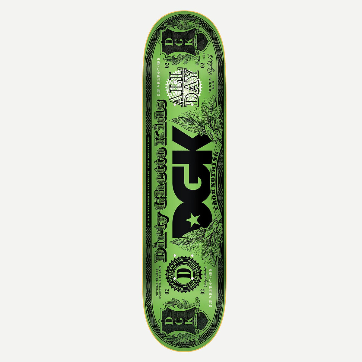 DGK Buck Neon 8.1 skateboard deck: A banknote-style design in green and black, with a large DGK logo in the centre, Dirty Ghetto Kids in banner lettering down the left, laurel leaves, seals and corner DGK panels.