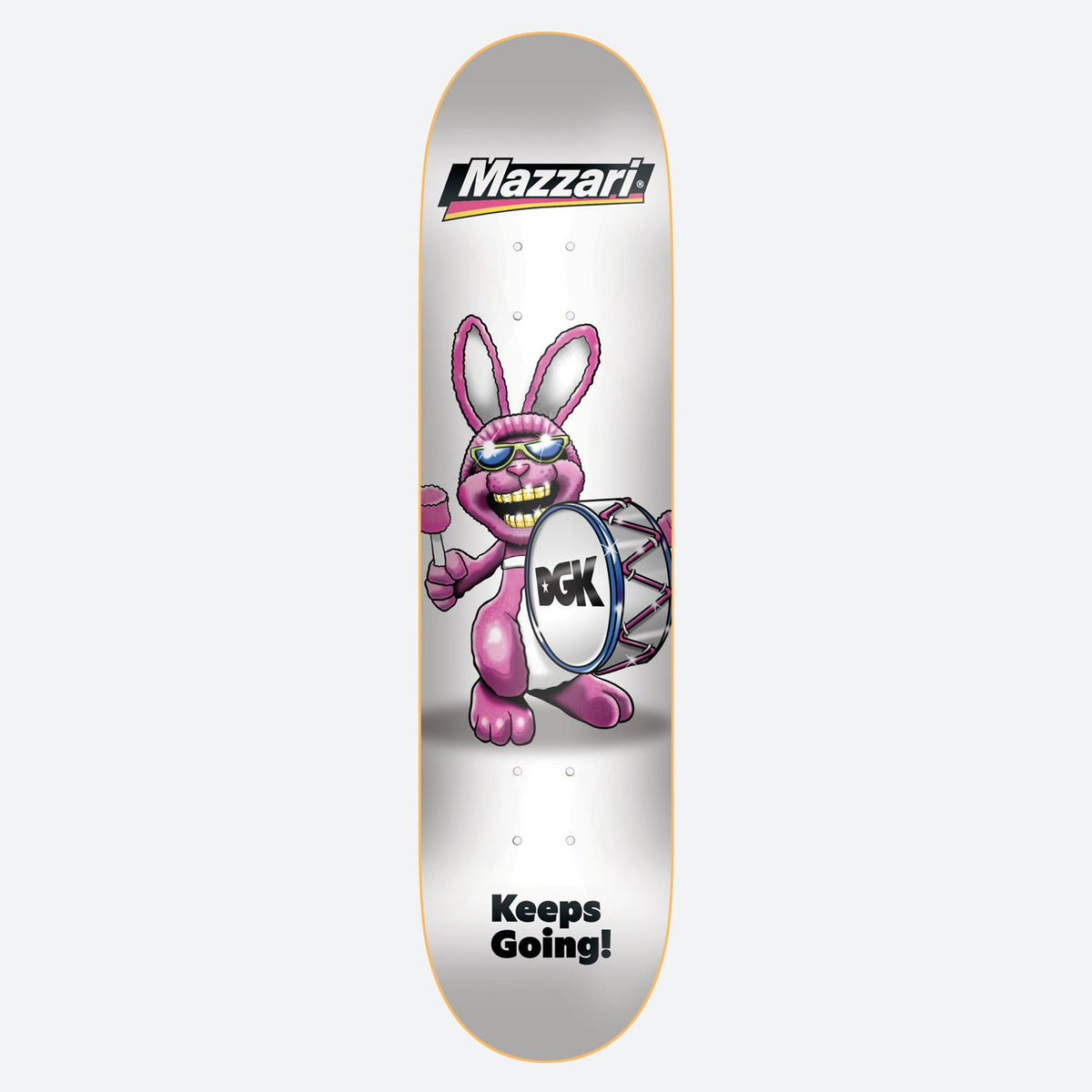 DGK Cant Stop Mazzari 8.25 skateboard deck: Pink battery-mascot style rabbit in sunglasses and gold teeth beating a DGK bass drum, on a white deck, with a Mazzari logo at the top and Keeps Going slogan at the bottom.
