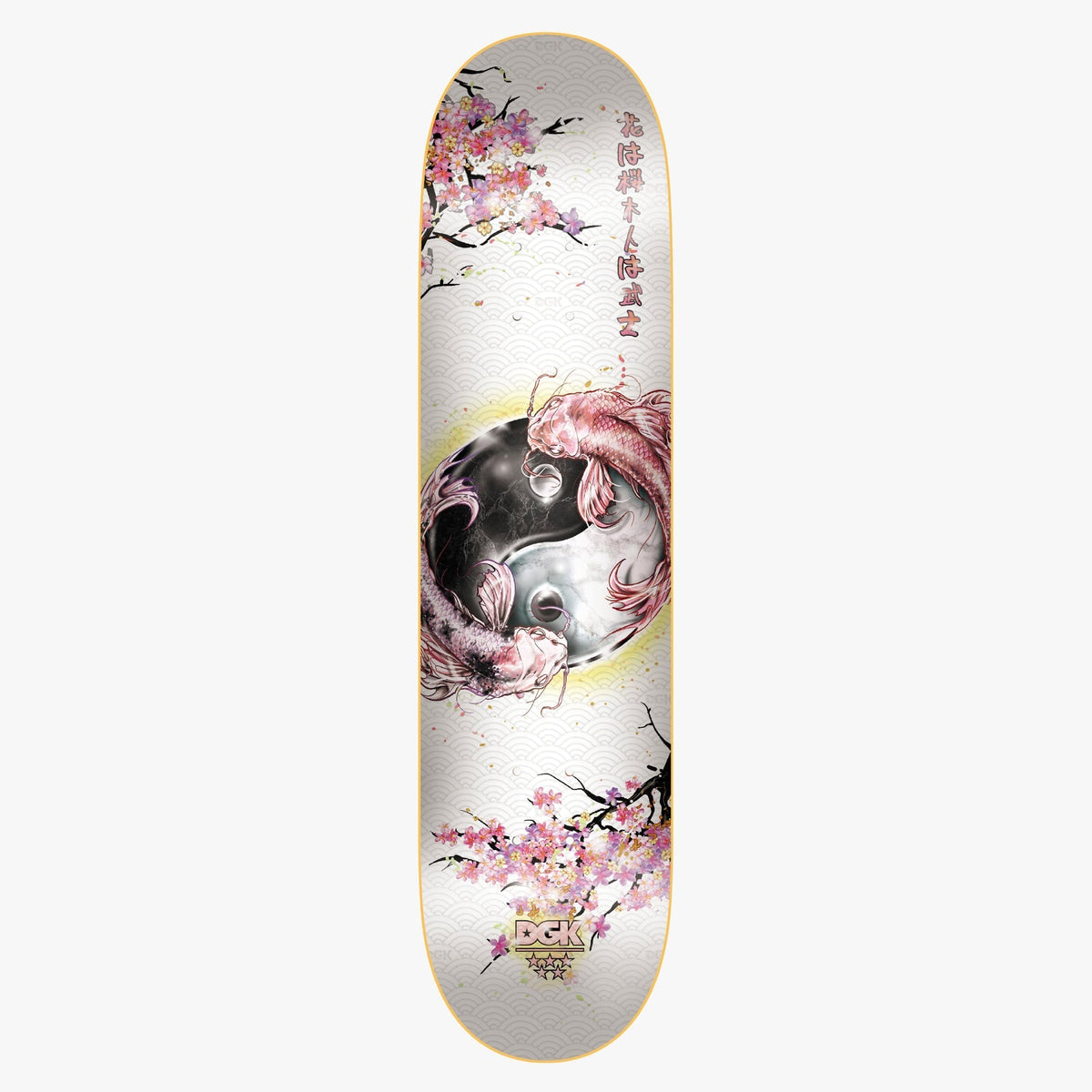 DGK Ceremony 8.25 skateboard deck: White deck with a wave pattern, showing two koi carp, one pink and one dark, curled into a yin-yang circle, surrounded by cherry blossom branches and Japanese characters.