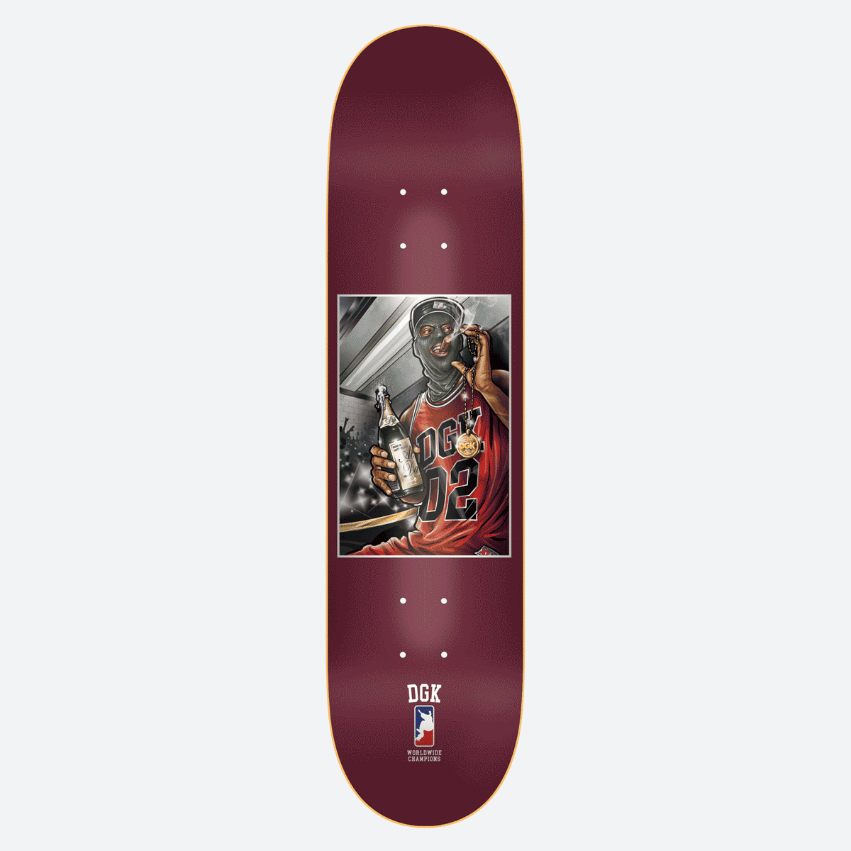 DGK Champs Thermo 8.5 skateboard deck: Illustrated framed portrait of a masked man in a red DGK 02 basketball jersey and gold medallion, holding a champagne bottle, on a maroon deck. DGK Worldwide Champions logo at the bottom.