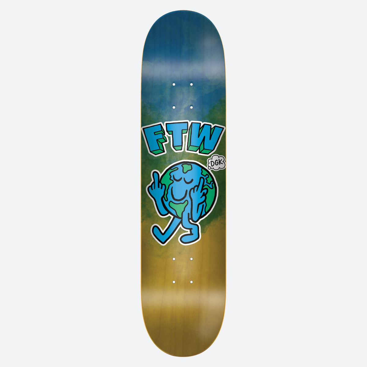 DGK Chaos Tie Dye 8.5 skateboard deck: A cartoon planet Earth with legs gives two middle fingers, beneath blue block letters 'FTW' and a small DGK speech bubble, on a blue, green and gold tie-dye stained board.