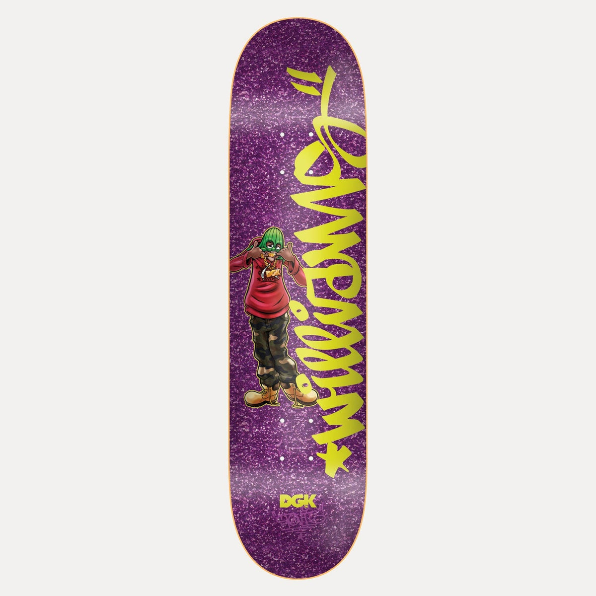DGK Cheesin Stevie 8.38 skateboard deck: Cartoon figure in a green ski mask, red hoodie, camouflage trousers and tan boots, posed making hand signs, beside large graffiti-style yellow lettering on a purple glitter deck. DGK logo at the tail.