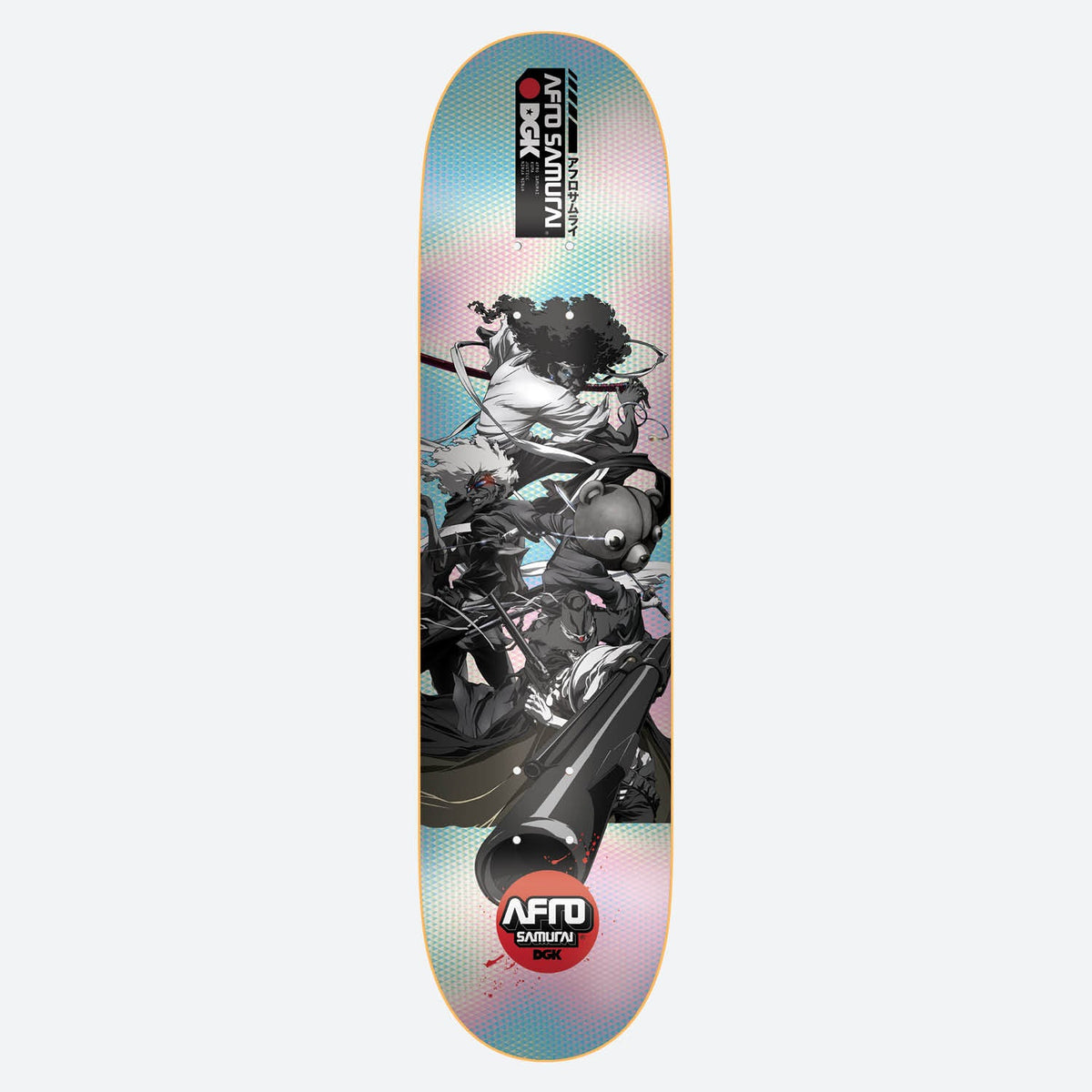 DGK Collage Foil skateboard deck: Black-and-white manga-style Afro Samurai characters in a fighting collage, including a teddy-bear-headed figure and a large gun barrel, over a holographic foil background. Afro Samurai and DGK logos at top and bottom.