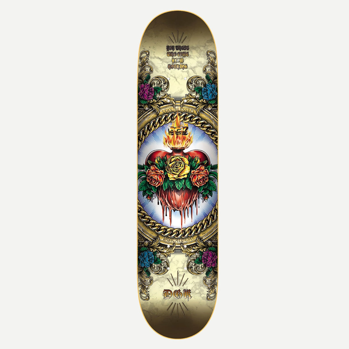 DGK Corazon 8.38 skateboard deck: Gold marbled deck with a flaming sacred heart wrapped in yellow and orange roses and dripping blood, ringed by a gold chain and baroque scrollwork with more roses at the corners.