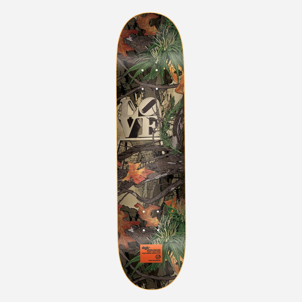 DGK Jungle Camo 8.25 skateboard deck: Camouflage pattern of autumn leaves, cannabis plants and branches in brown and green, with a stone 'LOVE' sculpture in the middle. Orange dgk Worldwide label near the tail.