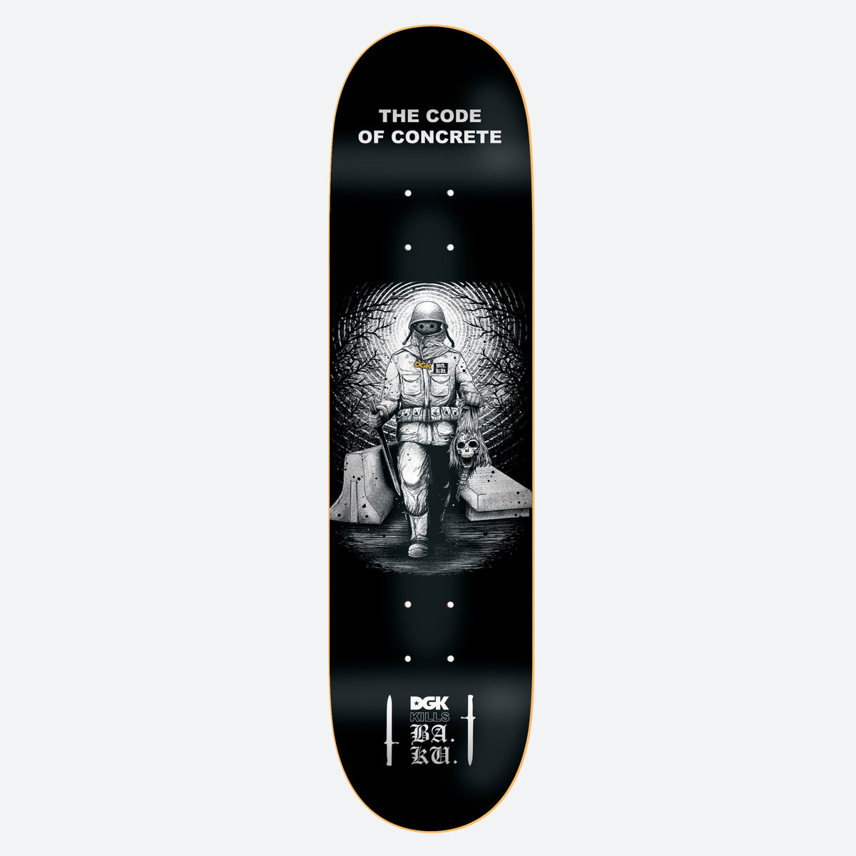 DGK x Baku 8.5 skateboard deck: A black and white engraving-style soldier in helmet and mask walks between concrete barriers carrying a severed skull, framed by a dark tunnel of trees. Title text above and collaboration logos with daggers below.