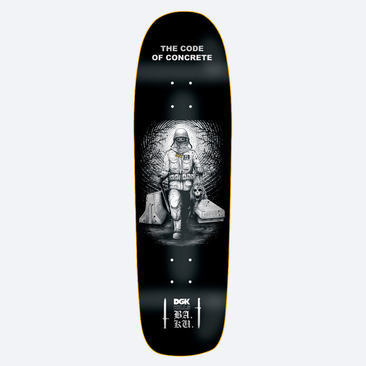 DGK x Baku 8.75 skateboard deck: A black and white engraving-style soldier in helmet and mask walks between concrete barriers carrying a severed skull, framed by a dark tunnel of trees. Title text above and collaboration logos with daggers below.