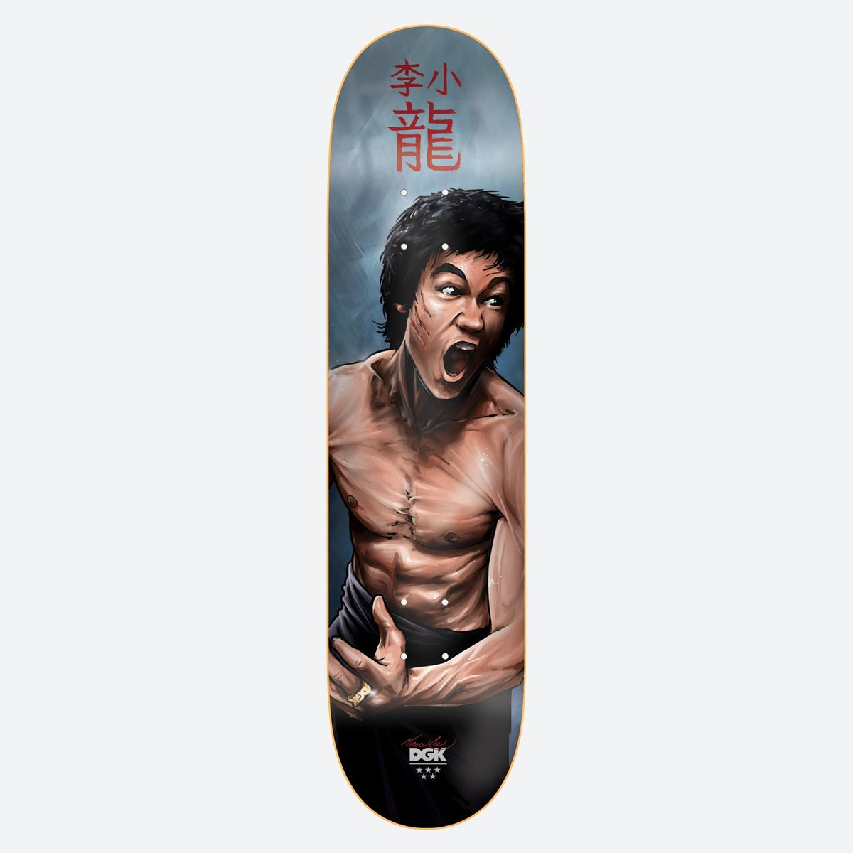 DGK x Bruce Lee No Way as Way skateboard deck: Painted portrait of a shirtless martial artist with a scratched chest, mouth open in a shout, in a fighting pose against a stormy blue-grey background. Red Chinese characters are at the nose and a DGK logo at the tail.