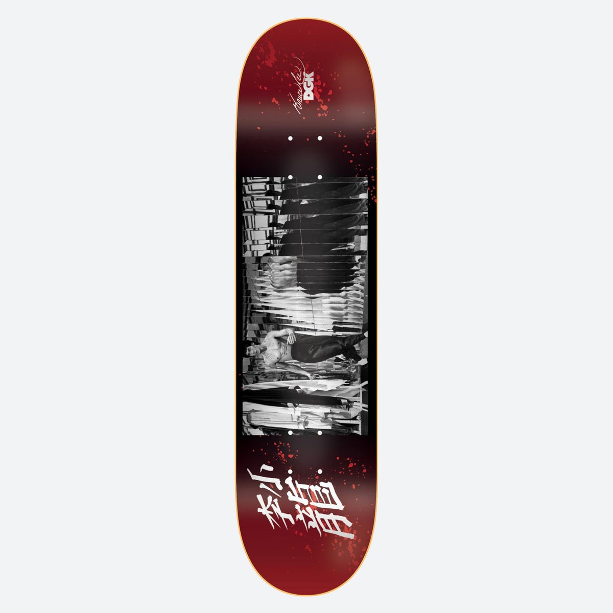 DGK x Bruce Lee Reflection skateboard deck: Black and white photograph of a shirtless martial artist reflected in many mirror panels, set across a dark red deck with blood-red splatter. White Chinese characters at the base and a signature with the DGK logo at the top.