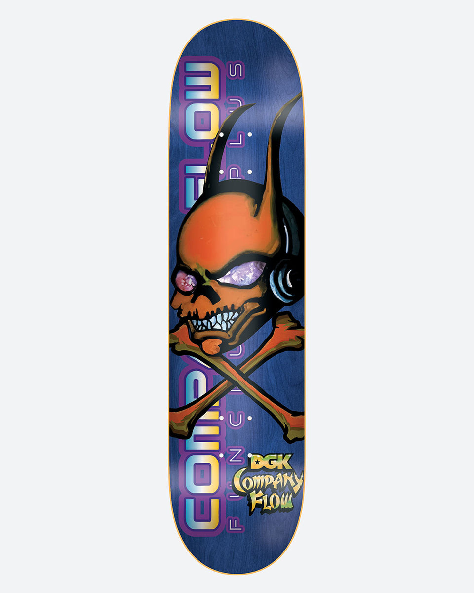 DGK x Company Flow 8.25 skateboard deck: An orange horned skull wearing headphones over crossed bones, with vertical metallic lettering down the left side, on a blue deck, plus a combined DGK and Company Flow logo.