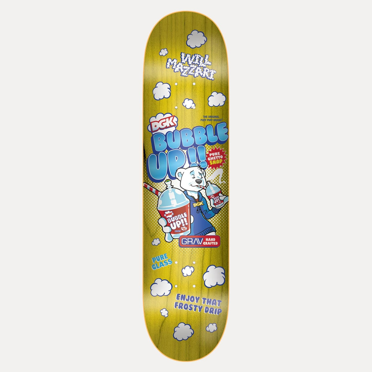 DGK x Grav 8.06 skateboard deck: Parody slush-drink advert showing a polar bear in a blue hoodie holding frozen drink cups, with Bubble Up!! lettering, white clouds and slogans on a yellow stained deck. Rider name in puffy lettering at the top.