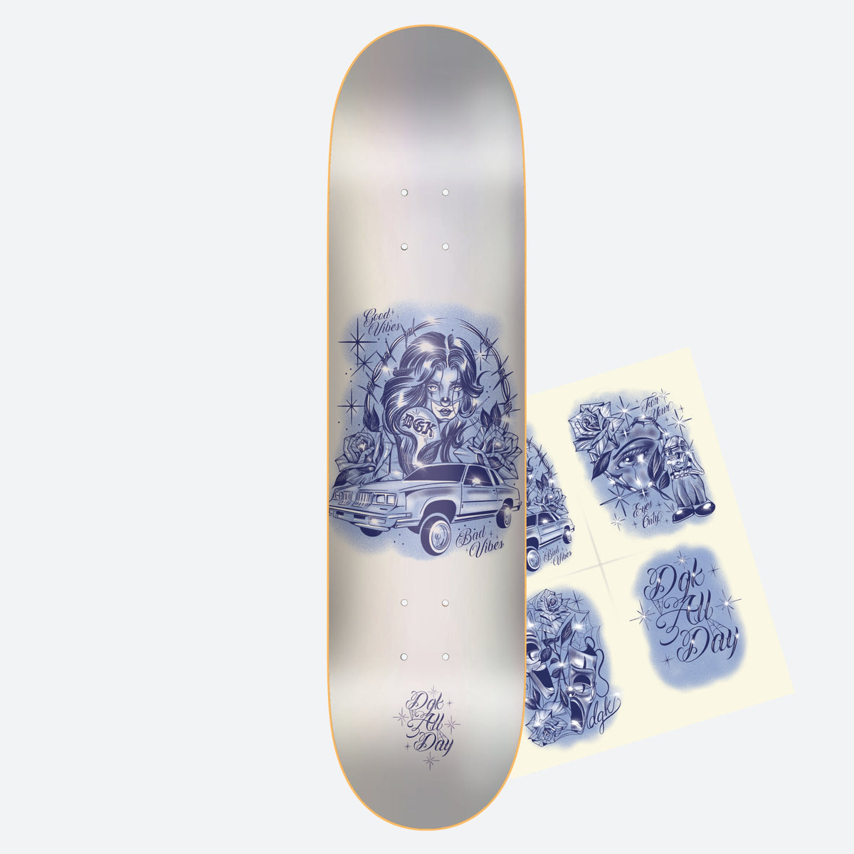 DGK x Hans Carreon Vibes 8.25 skateboard deck: Blue-toned lowrider-style illustration of a woman with long hair, roses and a classic car, with script text and sparkles on a pearly silver deck. A sheet of matching stickers lies beside it.