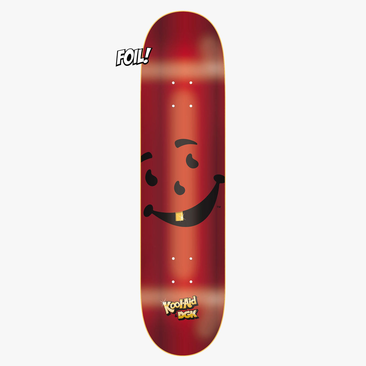 DGK x Kool - Aid Thirst Foil skateboard deck: Large black Kool-Aid Man smiling face with a gold tooth on a red foil-effect deck, with a 'Foil!' burst at the nose and Kool-Aid and DGK logos at the tail.