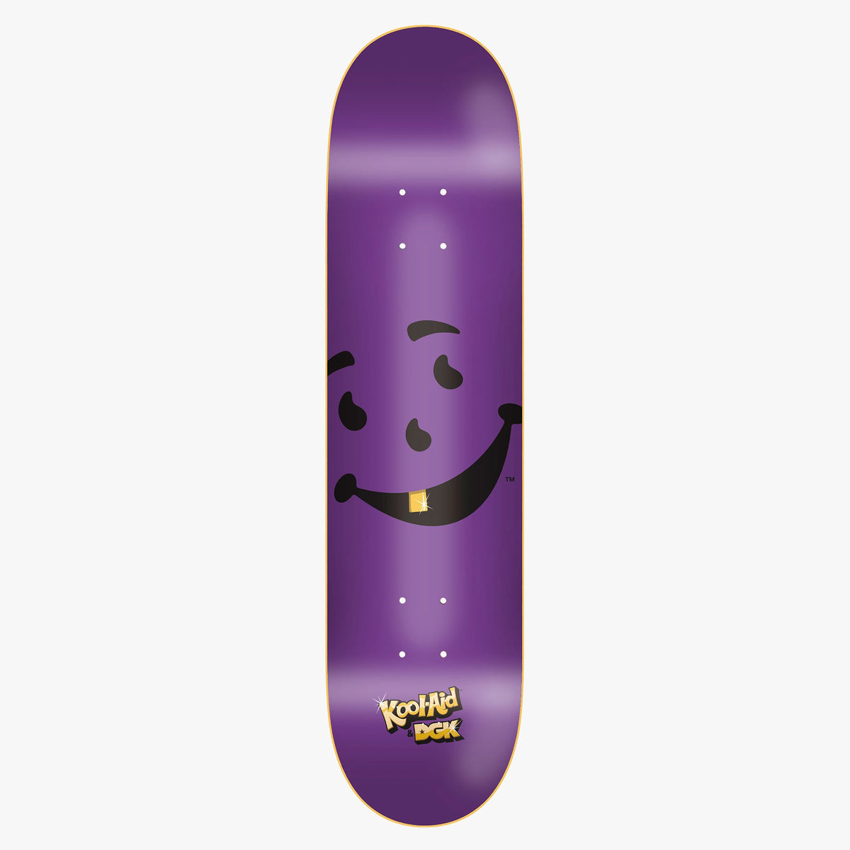 DGK x Kool - Aid Thirst skateboard deck: Large black smiling Kool-Aid Man face with a gold tooth across a purple deck, with a Kool-Aid and DGK logo lockup at the tail.