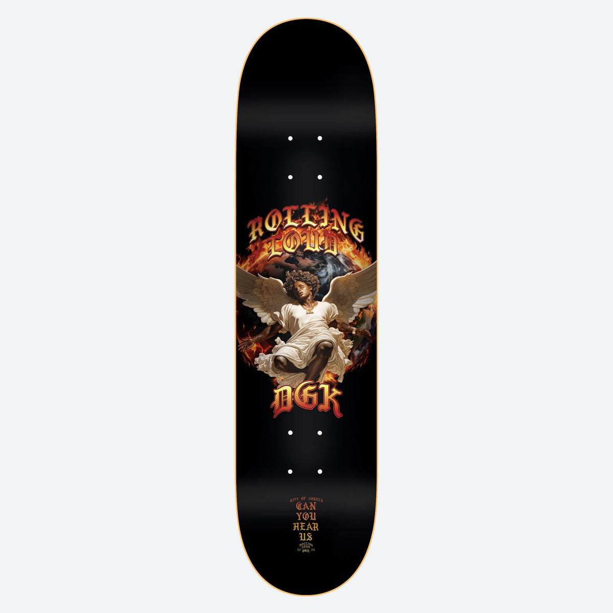 DGK x Rolling Loud 8.25 skateboard deck: Winged angel figure in white robes in front of flames and a dark globe, with blackletter Rolling Loud above and a red DGK logo below. Small text near the tail.