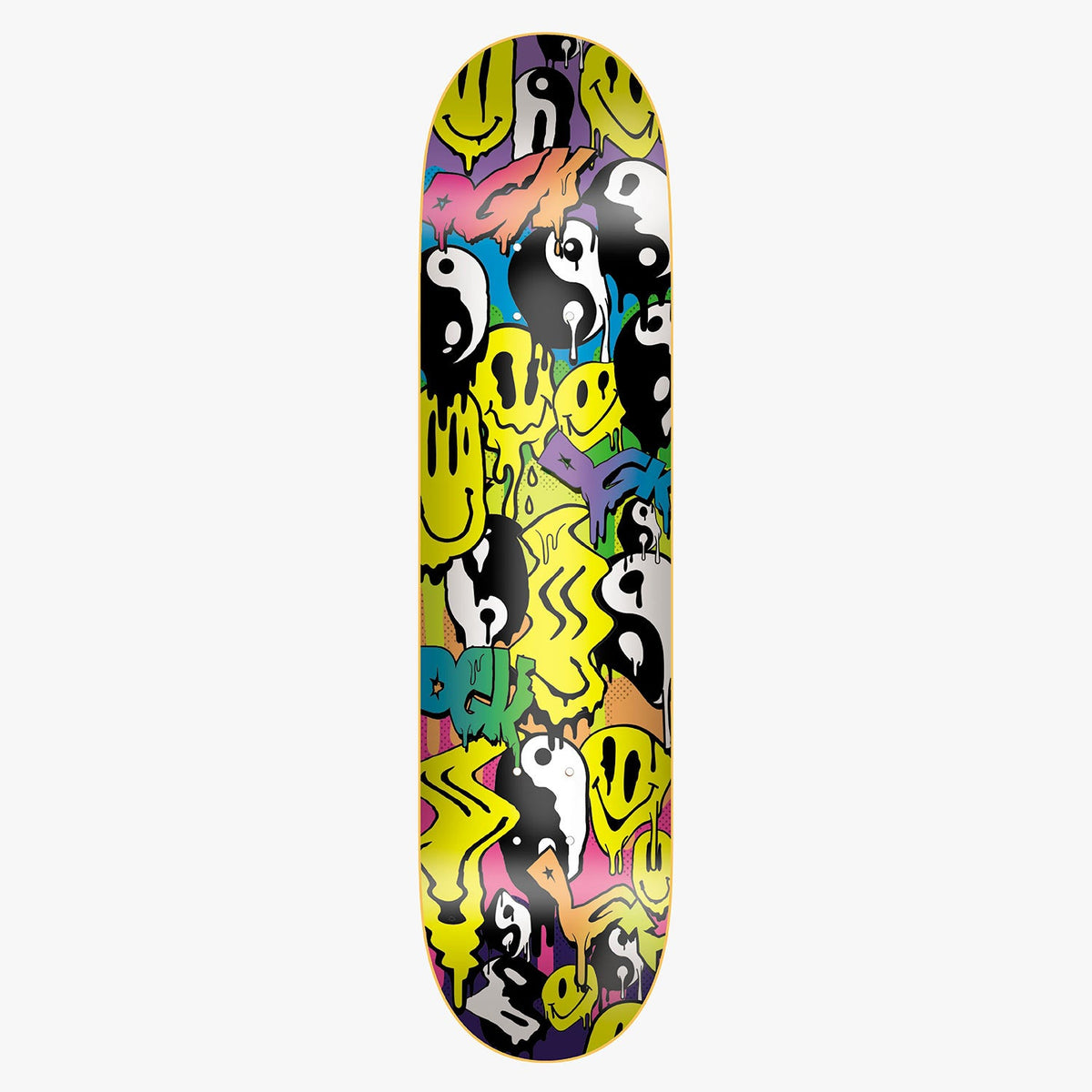 DGK Dose 8.1 skateboard deck: Dense collage of melting, dripping yellow smiley faces and black and white yin-yang symbols, with DGK letters in graffiti style, over blue, purple, green and pink.