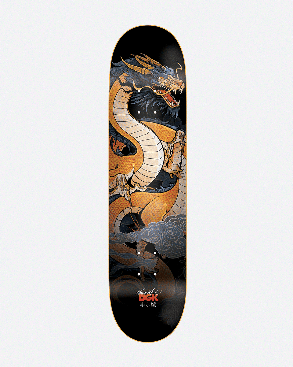DGK x Bruce Lee Dragon Lee Lenticular skateboard deck: Illustration of a golden-scaled Chinese dragon with a white belly coiling through grey clouds on a black background, with a signature, DGK logo and Chinese characters at the bottom.