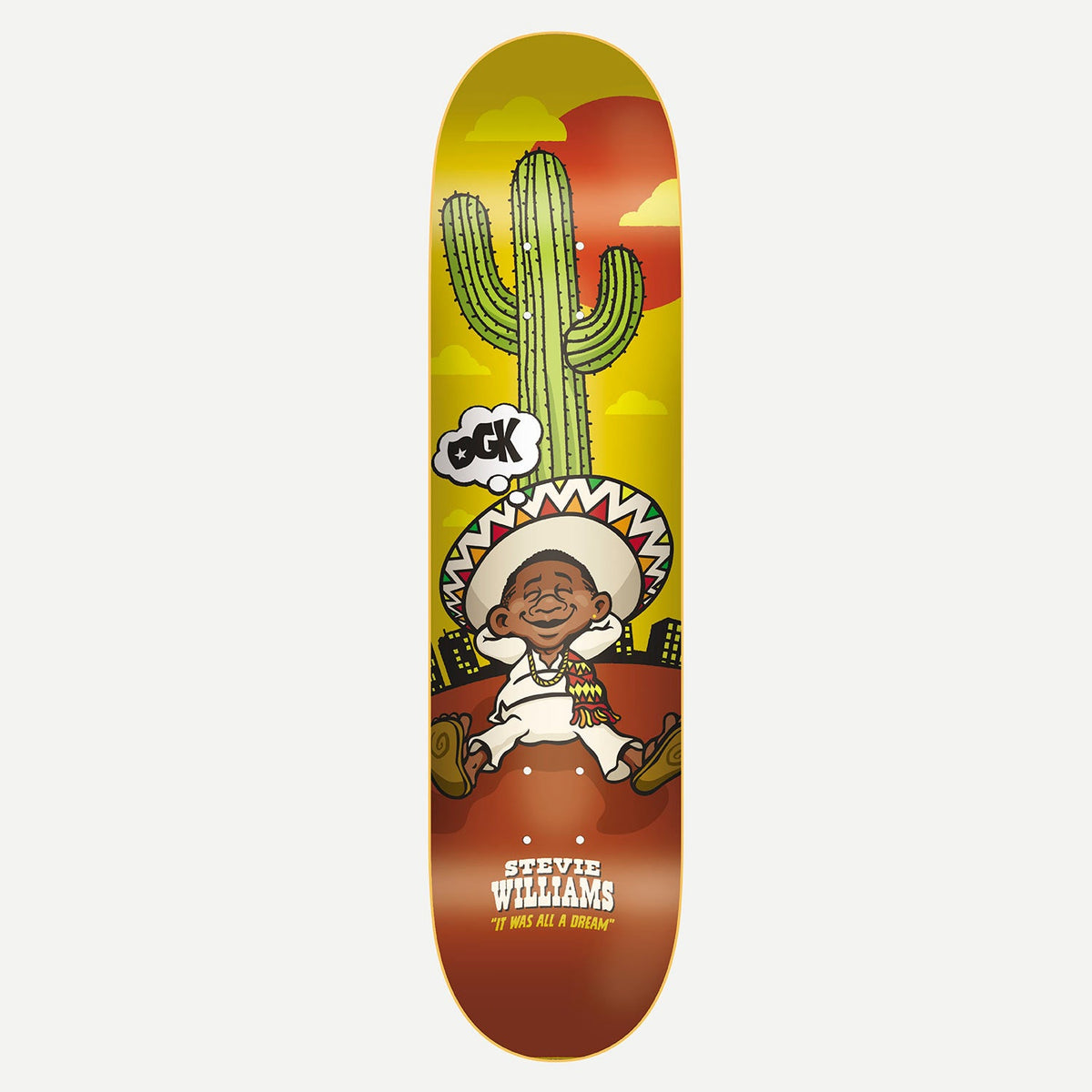 DGK Dreamer Stevie 8.06 skateboard deck: A cartoon boy in a sombrero, with his hands behind his head, sits dreaming in front of a tall cactus and city skyline, with a DGK thought bubble, under a red sun on a yellow-to-brown gradient.
