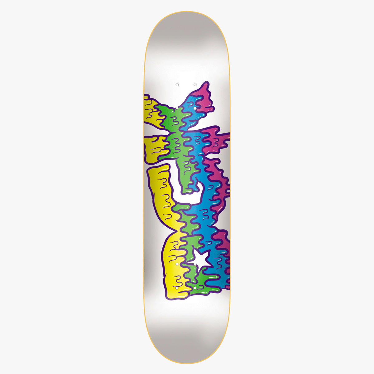 DGK Drippy UV Activated skateboard deck: The DGK letters and star are drawn in melting, dripping bubble form, with yellow, green, blue and magenta colour blocks outlined in purple on a white deck.